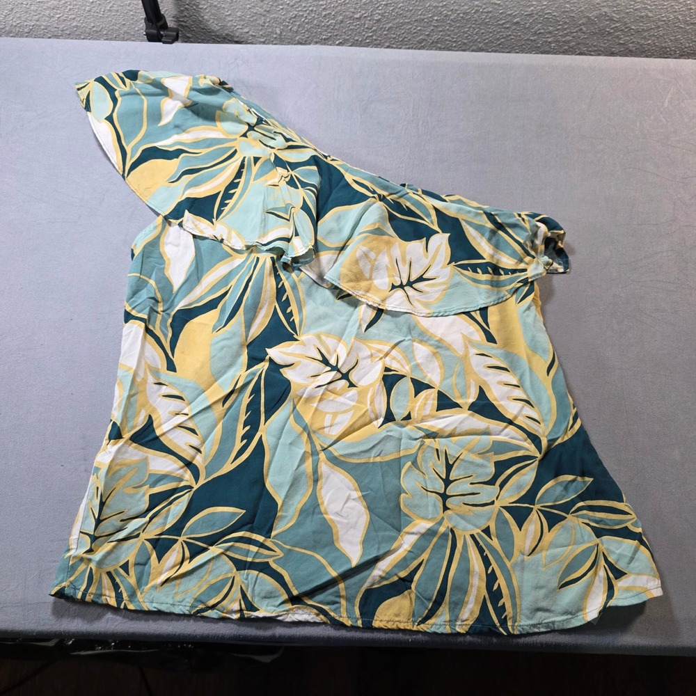 Liverpool Los Angeles Womens Medium Tropical One Shoulder Ruffle Top Teal Yellow